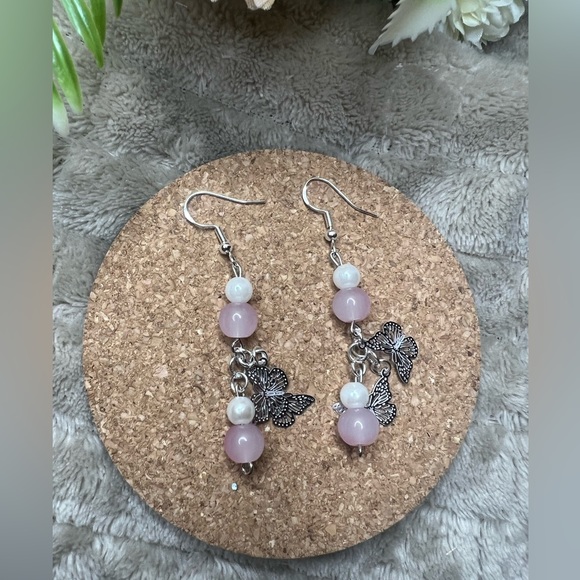 Pink Beaded Butterfly Earrings - Picture 1 of 3